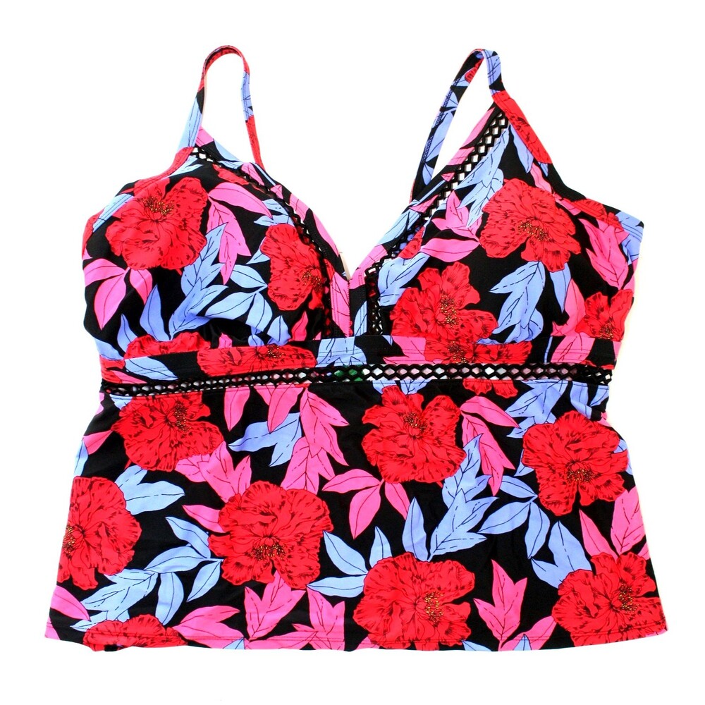 DIP Tankini Swimsuit Top Sz. 3X Black Red Blue Floral Woven Lace Back Ties #03